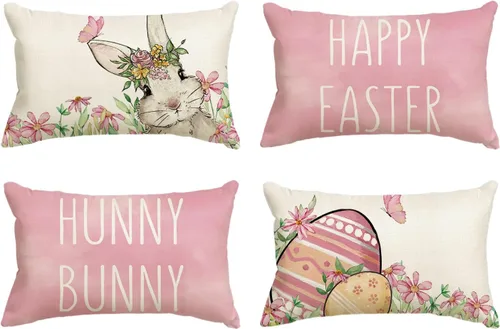 Miniatura 8 de AVOIN colorlife Juego de 4 fundas de almohada verdes de conejo de Pascua feliz de Pascua, 16 x 16 pulgadas, diseño de conejito de Pascua para sofá