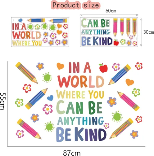 Miniatura 6 de Calcomanías de pared motivacionales para niños, cita inspiradora "in A World Where You Can Be Anything Be Kind", calcomanías de pared de aula