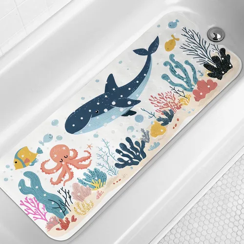 Miniatura 13 de LNOND Alfombra de baño para niños, tapete antideslizante de ballenas azules, con orificios de drenaje y ventosas, lavable a máquina