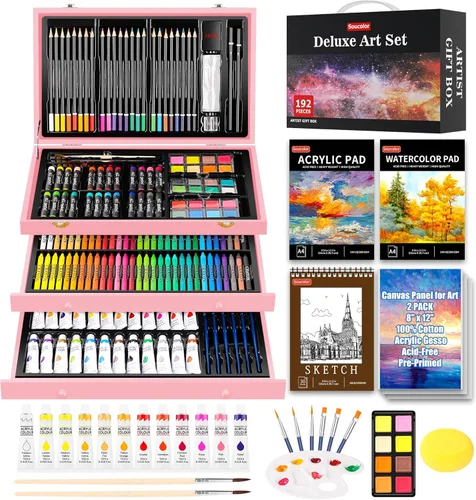 Miniatura 11 de Soucolor Suministros de arte, paquete de 192 piezas de arte de lujo, suministros de pintura de dibujo, kit de arte con almohadilla acrílica, Verde