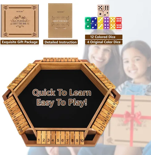 Miniatura 6 de Nicecho Juego de dados Shut The Box para 2 a 6 jugadores, mesa de madera con 16 dados, juegos clásicos de mesa para niños y adultos, familia, aula