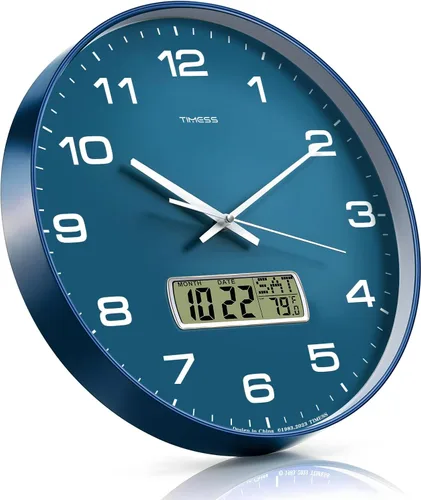 Miniatura 4 de TIMESS Reloj de pared, esfera de 10 pulgadas, silencioso, funciona con pilas, analógico con pantalla LCD para calendario perpetuo y temperatura F°