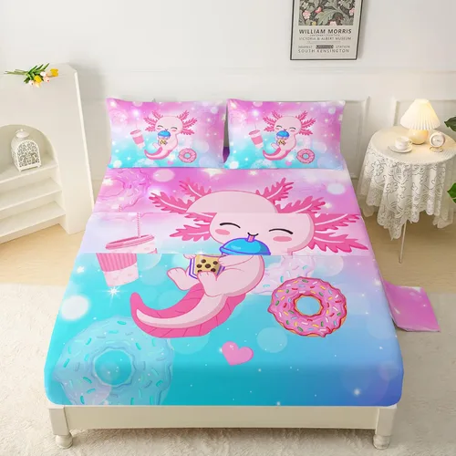 Miniatura 17 de QOOMO Ropa de cama Kawaii Axolotl para niños y niñas, diseño de flor de cerezo rosa, juego de ropa de cama súper suave para niños, con estrellas