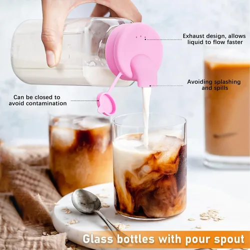 Miniatura 2 de Sovietiep Botellas de leche de vidrio cuadradas de 16 onzas con una tapa de silicona, paquete de 6 botellas de vidrio para jugo con tapas