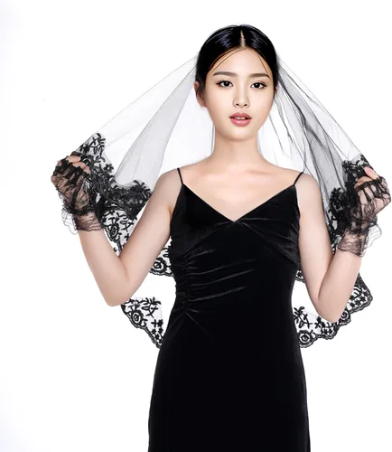 Miniatura 4 de choyaxo Velo de novia de encaje negro, velo de novia de encaje floral, velo de Halloween con peine y guantes cortos de encaje negro para mujeres
