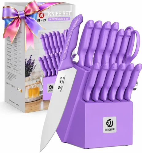 Miniatura 10 de imarku Juego de cuchillos con bloque de cuchillos, 14 cuchillos de cocina de acero inoxidable de alto carbono con afilador integrado, apto