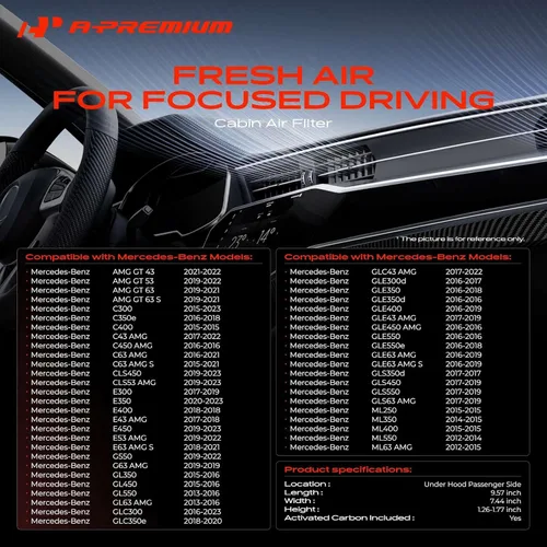 Miniatura 2 de Filtro de aire de cabina A-Premium con carbón activado Compatible con Mercedes-Benz C300, C350e, C400, C43 AMG, C450 AMG, E300, E350, E53 AMG
