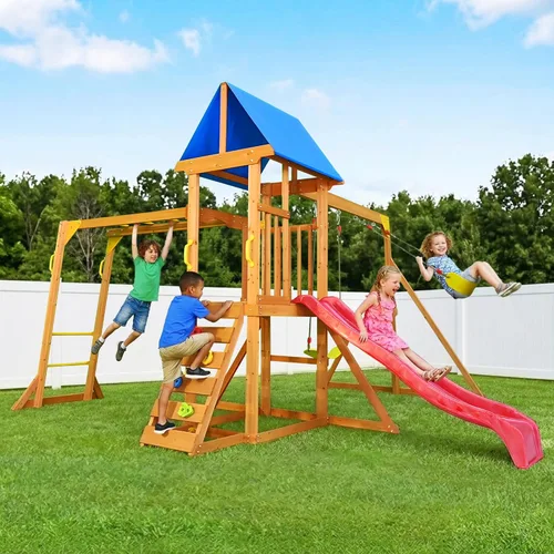 Miniatura 6 de Conjuntos de columpios para niños para el patio trasero, juegos de patio de madera para edades de 3-6 con un tobogán de ola, pared de escalada