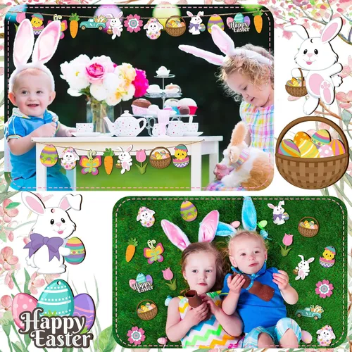 Miniatura 5 de Qunclay 24 piezas de adornos de madera de primavera de Pascua, huevos de flores, conejo, huevo, letreros colgantes para árbol, decoraciones