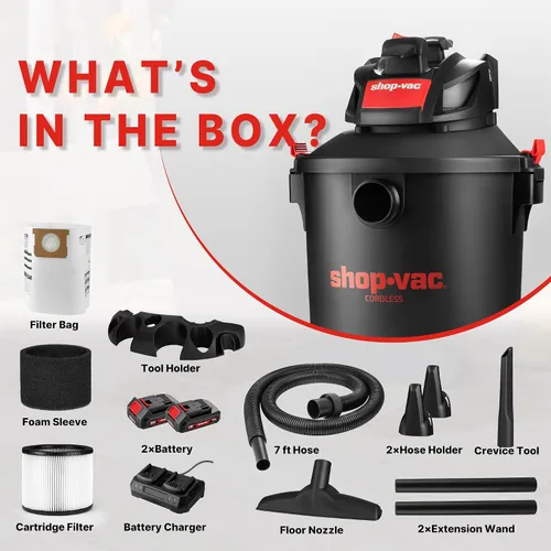 Miniatura 9 de Shop-Vac 5430031 Aspiradora inalámbrica húmeda/seca de 10 galones y 20 V con manguera de 1.5 pulgadas x 7 pies, incluye (2) varitas de extensión