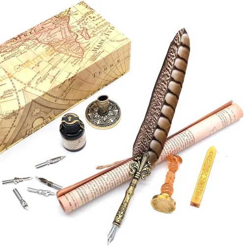 Miniatura 6 de Pluma antigua pluma único medio patrón pluma conjunto con 6 plumas, 1 botella de tinta, 1 sello sello 1 portalápices 1 cera de sellado LL-149