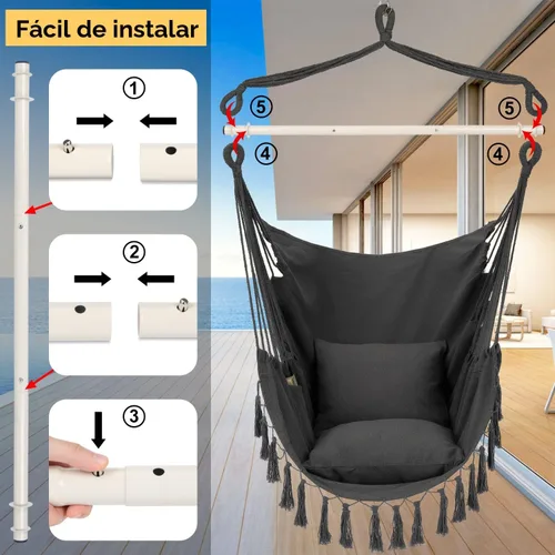 Miniatura 5 de Y- STOP Silla Hamaca Colgante Columpio de Cuerda, Máximo 500 Libras, 2 Cojines Incluidos, Silla Colgante Grande de Macramé con Bolsillo, Tejido