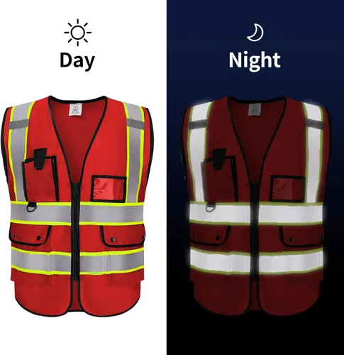 Miniatura 3 de Custom Logo Safety Vest High Visibility Reflective Vest Class 2 Standard with Pockets and Zipper K-rojo-1pack-personalizado