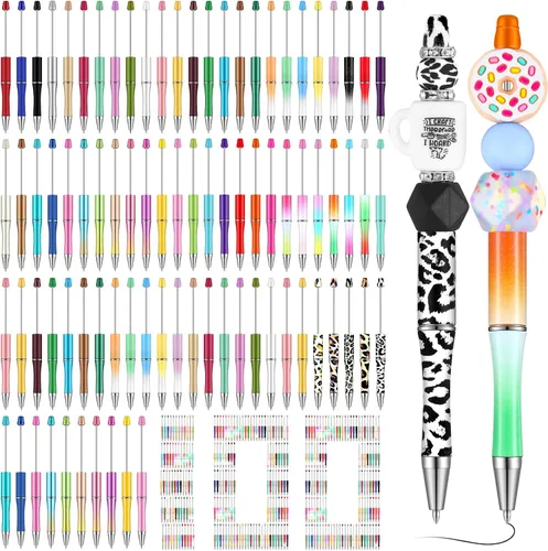 Qilery Juego de 100 bolígrafos de plástico con cuentas, 55 tipos de colores de concha, tinta negra, bolígrafo de cuentas geniales, surtido de