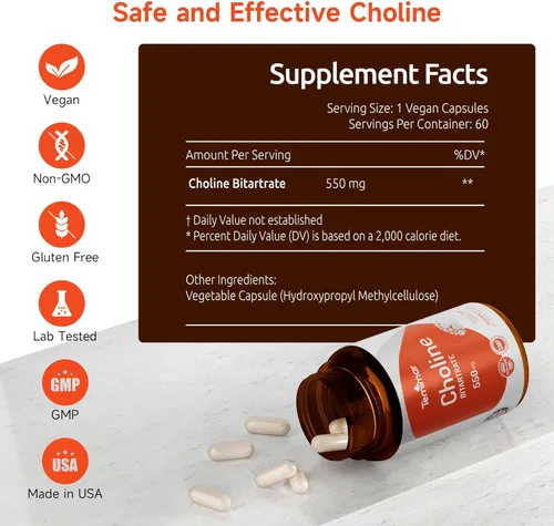 Miniatura 5 de Bitartrato de colina de 550 mg, apoya la salud del hígado y el cerebro, suplementos de colina de alta absorción, sin OMG, sin gluten, fabricado