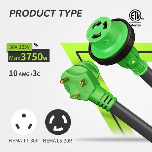 Miniatura 3 de RVMATE Cable de extensión de alimentación para RV bloqueable de 30 pies y 30 amperios con mango de fácil enchufe, TT-30P a L5-30R, indicador LED, 10