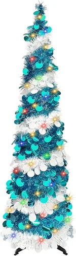 Miniatura 16 de BTU - Árbol de Navidad artificial plegable, 5 pies, 90 luces LED, escarcha, delgado, para el hogar, festividades, chimenea, fiestas, decoración