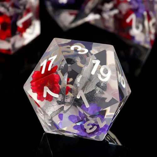 Miniatura 15 de Haxtec Juego de dados brillantes de borde afilado, dados DND de resina hechos a mano con inclusión de Mylar iridiscente, mezcla de color morado Azul