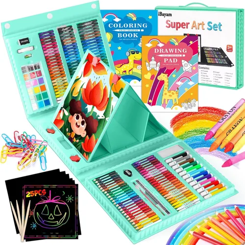iBayam Suministros de arte para adultos, estuche de arte con caballete triple, papel para rascar, bloc de bocetos, libro para colorear, crayones,