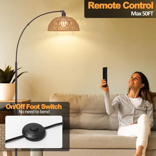 Miniatura 2 de Lámpara de pie de ratán: modernas lámparas de pie negras con control remoto y bombilla regulable continua, funciona a mano, pantalla de ratán