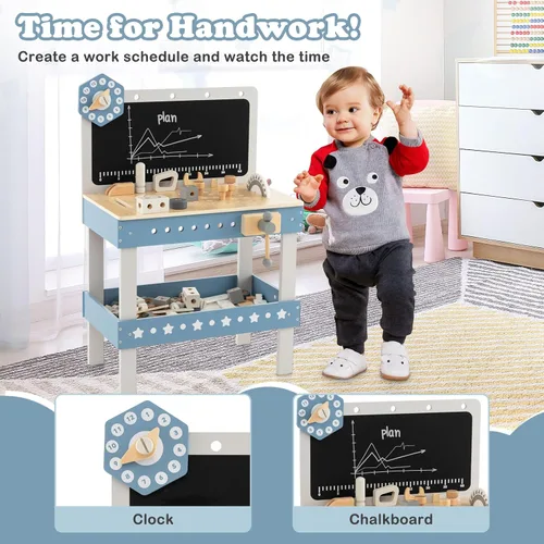 Miniatura 5 de Costzon Banco de herramientas para niños, banco de trabajo de madera con 61 herramientas y accesorios de juguete, juego de herramientas