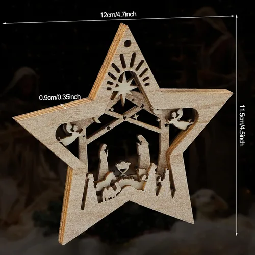 Miniatura 3 de Blulu Juego de 4 piezas de adornos navideños de escena de la natividad, set de regalo a granel, adorno colgante de madera cristiano 3D para árbol