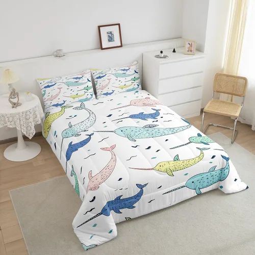 Miniatura 4 de Erosebridal Narwhal - Juego de edredón de ballena oceánica, edredón de plumón náutico costero para niños y niñas, vida marina, animales de dibujos