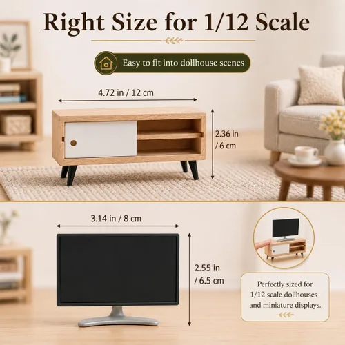 Miniatura 2 de NUOBESTY Mueble de TV y madera para casa de muñecas, monitor de juguete realista a escala 1/12, soporte de TV en miniatura moderno para casa