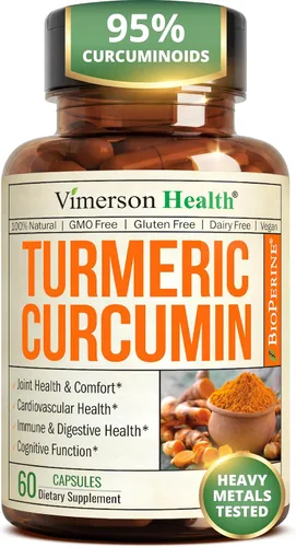 Suplemento dietario a base de cúrcuma y curcumina con bioperine para aliviar del dolor en las articulaciones, con efecto antinflamatorio,