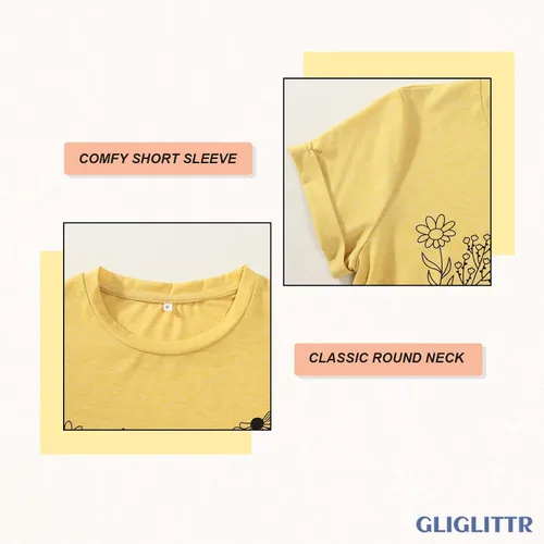 Miniatura 4 de GLIGLITTR Camiseta floral para mujer, diseño de flores silvestres, camiseta casual suelta con cuello redondo y manga corta