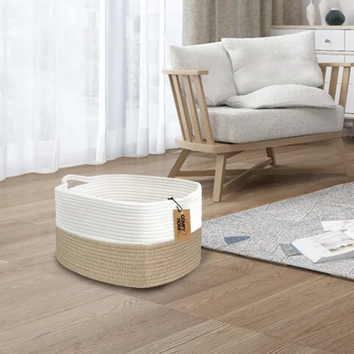 Miniatura 3 de COMFY-HOMI Cesta tejida de cuerda de algodón con asas para estantes, juguetes, libros, cestas de almacenamiento de tela para organizar, organizador
