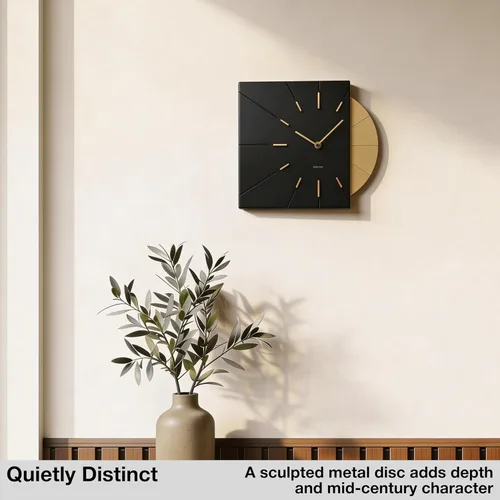 Miniatura 2 de Relojes Driini Reloj de pared moderno de mediados de siglo - Reloj cuadrado negro con acento dorado decorativo - Reloj único y genial, funciona