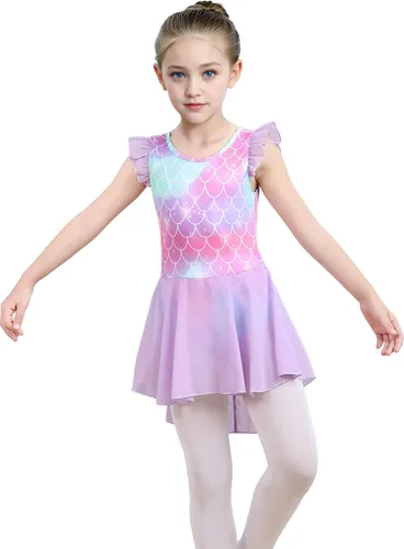 Miniatura 2 de iLover Vestido de leotardo clásico con mangas con volantes para niñas, para danza, gimnasia y ballet