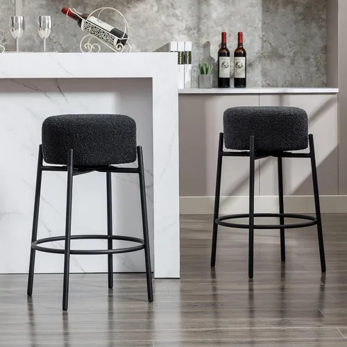 Miniatura 7 de Juego de 2 taburetes de bar modernos de altura de mostrador, taburetes de bar giratorios negros Boucle para isla de cocina, cómodas sillas tapizadas