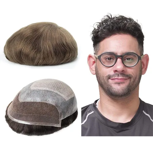 Miniatura 10 de Lordhair Tupé frontal de encaje francés para hombres 0.004 in inyectado piezas de pelo de piel fina unidas con sistema de cabello de encaje