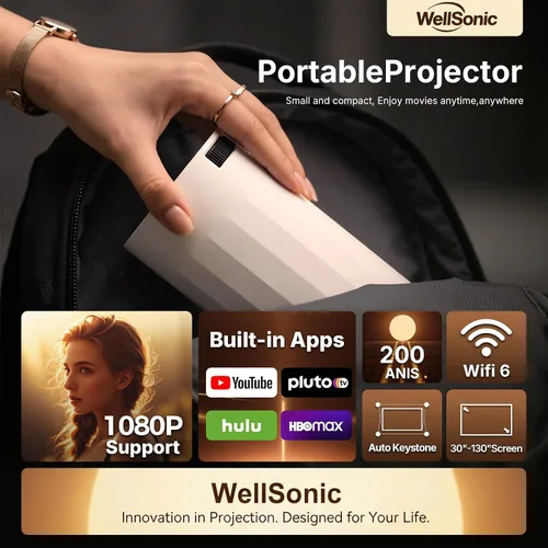 Miniatura 2 de Mini proyector con WiFi y Bluetooth, proyector de película portátil compatible con 1080P, Keystone automático, rotación de 210°, proyector X8