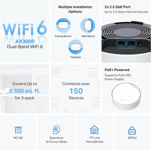 Miniatura 3 de TP-Link Deco X50-PoE AX3000 PoE Mesh WiFi - Malla WiFi 6 para montaje en techo/pared, reemplazo del enrutador WiFi, punto de acceso y extensor