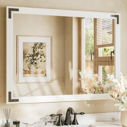 Miniatura 33 de TETOTE Espejo de madera natural de 48 x 24 pulgadas para pared de baño/dormitorio/sala de estar/entrada, espejo rústico de tocador de baño
