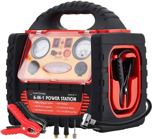 Arrancador de coche de 2200 amperios con compresor de aire, estación de energía portátil con inflador de neumáticos de 260 PSI, inversor de 400 W