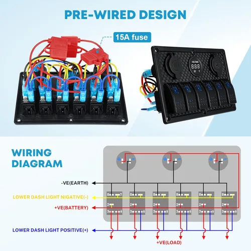 Miniatura 5 de Kohree - Panel de interruptor basculante para barco de 6 y 8 marchas, 12 V, resistente al agua, panel de interruptores LED para coche, camión