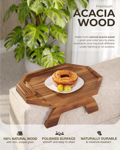 Miniatura 3 de BLUEWEST Bandeja para reposabrazos de sofá, mesa bandeja de madera de acacia que se engancha al brazo del sofá con soporte giratorio de 360°