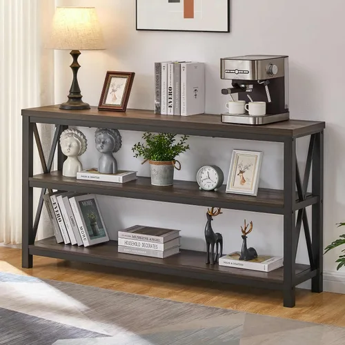 Miniatura 13 de FATORRI Mesa consola para entrada, mesa de sofá larga con estantes debajo de la ventana, mesas de pasillo de madera y metal para vestíbulo