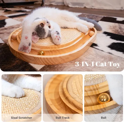 Miniatura 3 de CHEERHOME PETS Juguete rascador de sisal para gatos con pista de bolas, juguete interactivo de madera para gatos de interior, almohadilla