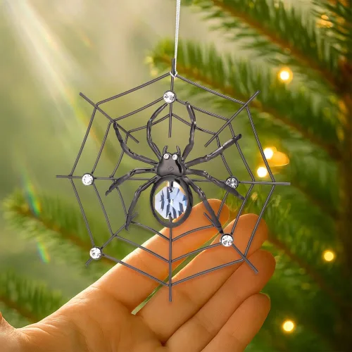 Miniatura 7 de Ornamento colgante de araña negra de Matashi para árbol de Navidad con cristales azules y transparentes – Decoración de telaraña de araña