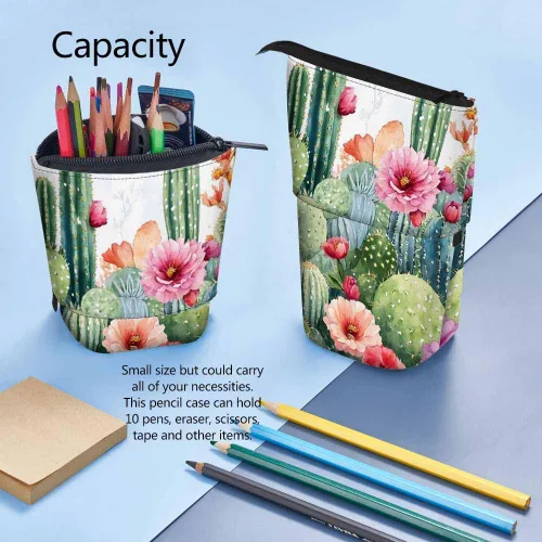 Miniatura 4 de Swono Estuche de lápices florales de cactus con flores tropicales brillantes, rosas, cactus, acuarela, estuche para lápices, estuche para lápices