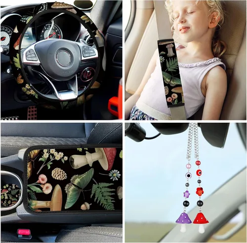 Miniatura 5 de 17 piezas de fundas de asiento de coche con diseño de hongos, accesorios completos para automóviles para mujeres y hombres, protector de asiento