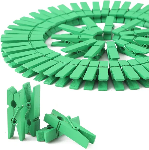 Miniatura 2 de HSTECH 100 piezas de mini pinzas de madera natural verde y 25 m de cuerda de yute, pinzas para ropa de bebé, pinzas de 3.5 cm para manualidades