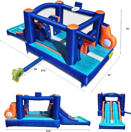 Miniatura 4 de Casa de Rebote Inflable con Pista de Obstáculos para Niños - 2 Toboganes de Carreras, Área de Salto, Túnel y Paredes de Escalada con Soplador