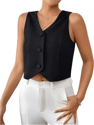 Miniatura 4 de GORGLITTER Chaleco con botones para mujer, chaleco corto sin mangas, blazer