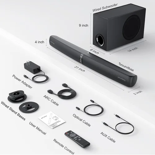 Miniatura 8 de Barra de Sonido 2.1 con Subwoofer, Barra de Sonido de 110W para Smart TV con Bajo Profundo Ajustable y Aumento de Volumen y 3 Modos de EQ